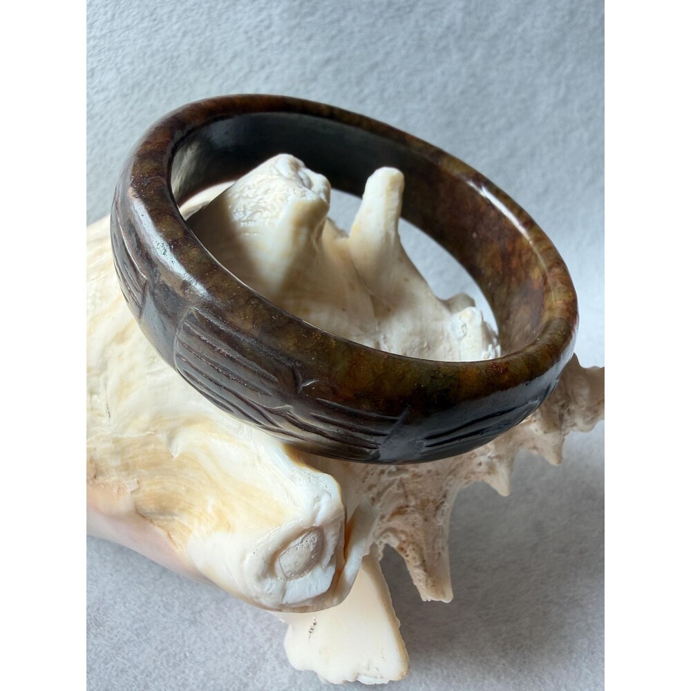 Vintage Carved Jade Bangle Archaic Totem Motif Russet Skin Bracelet Boho Zodiac